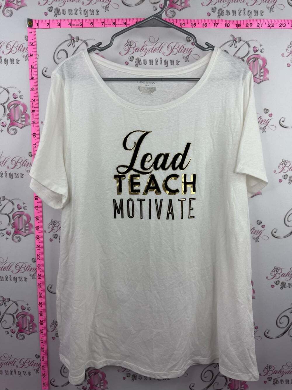 Lane Bryant White Short Sleeve Tee with Gold Text - 'Lead Teach Motivate'
